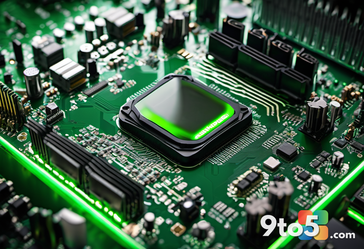 A close-up view of a computer motherboard with a glowing green NVIDIA logo chip, surrounded by intricate circuitry and d