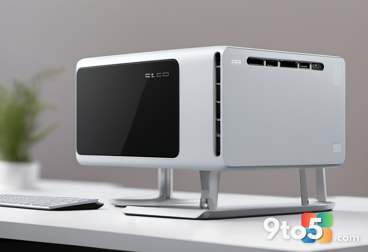 Close-up view of the rear ports on a mini PC, showing HDMI, USB-C, and Ethernet connections clearly. Shallow depth of fi