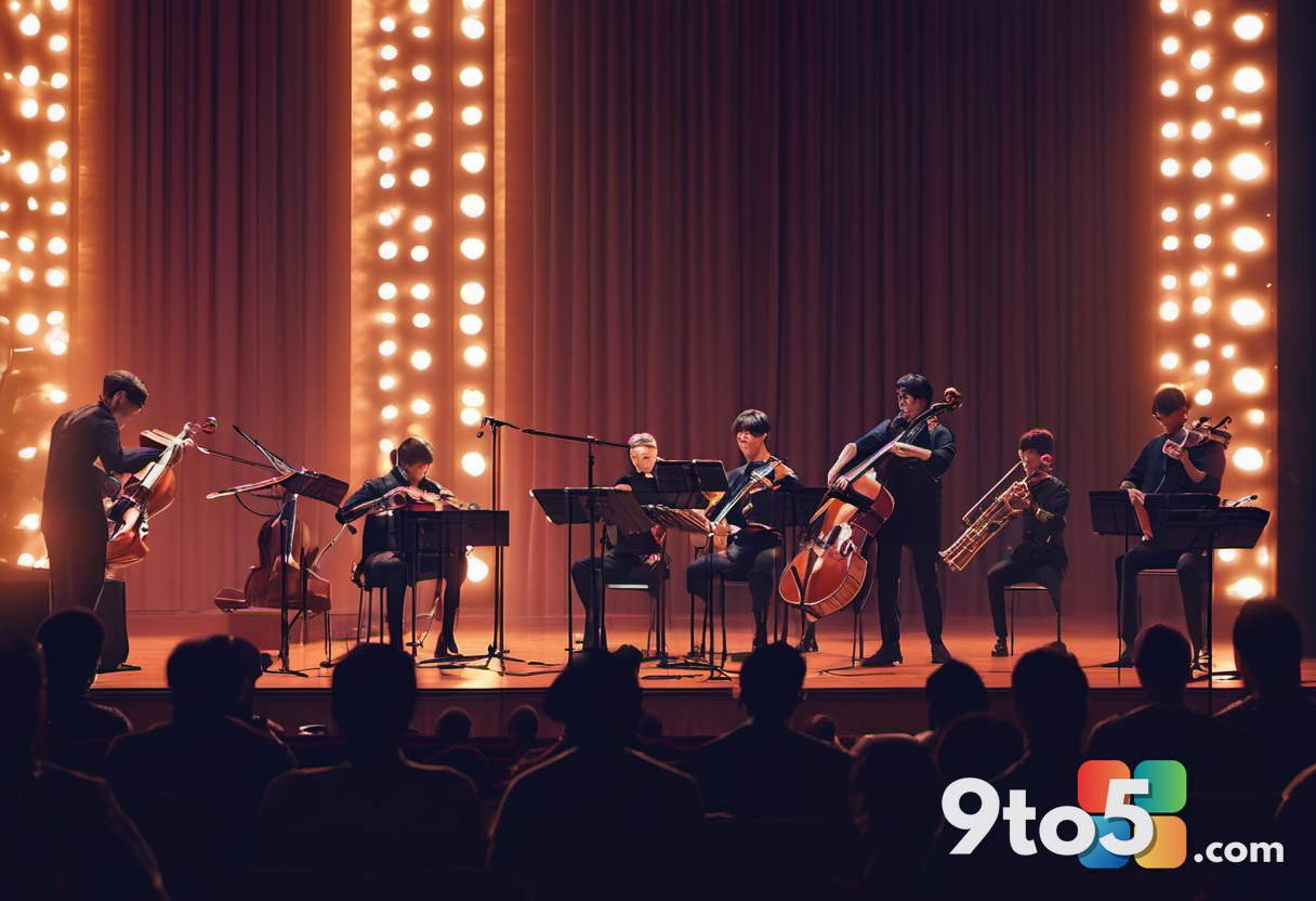 Close-up of musicians playing string instruments on stage, warm spotlight highlighting their focused expressions, blurre