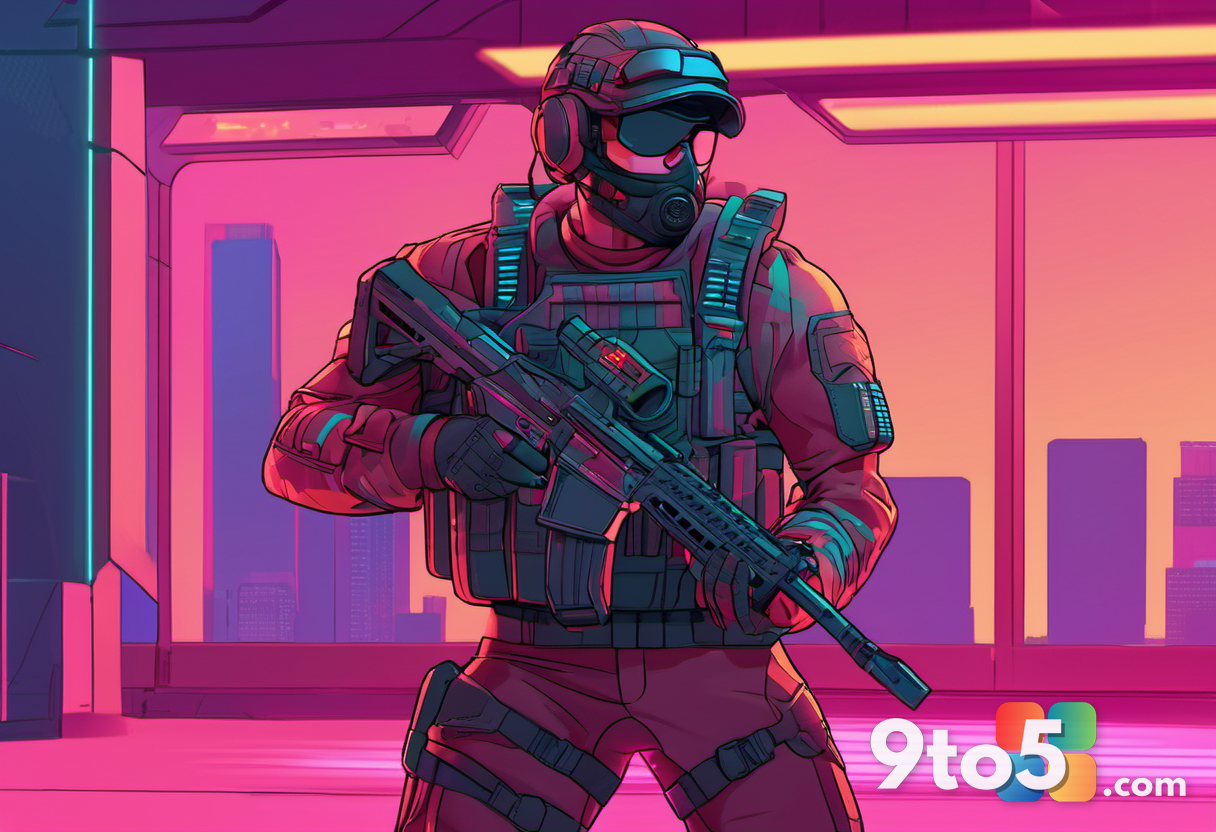 A stylized digital illustration of a charismatic male actor in tactical gear holding a futuristic assault rifle, vibrant