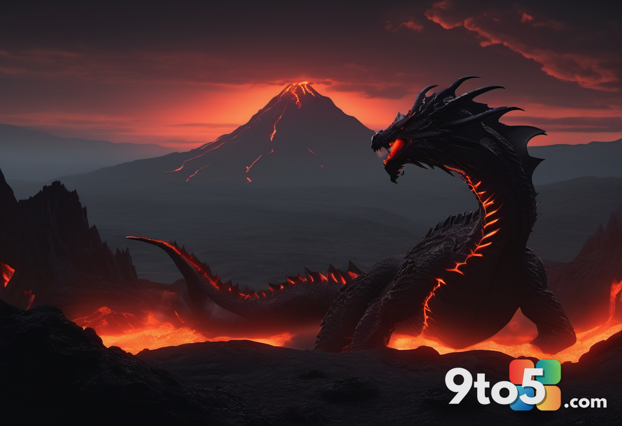 A dark volcanic landscape with glowing lava flows and a large dragon silhouette flying overhead, eerie atmosphere, fanta