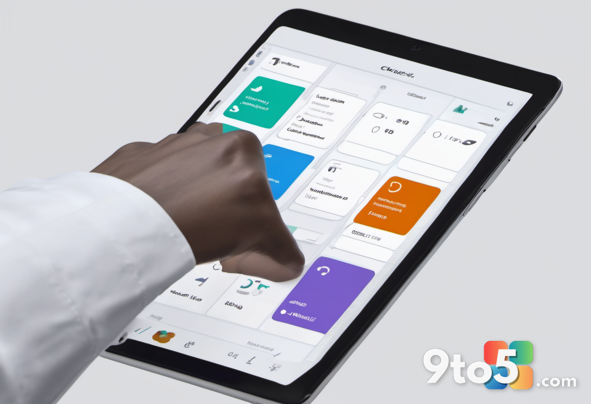 A close-up of a hand hovering over a tablet screen showing a checklist interface. The screen displays simple icons repre