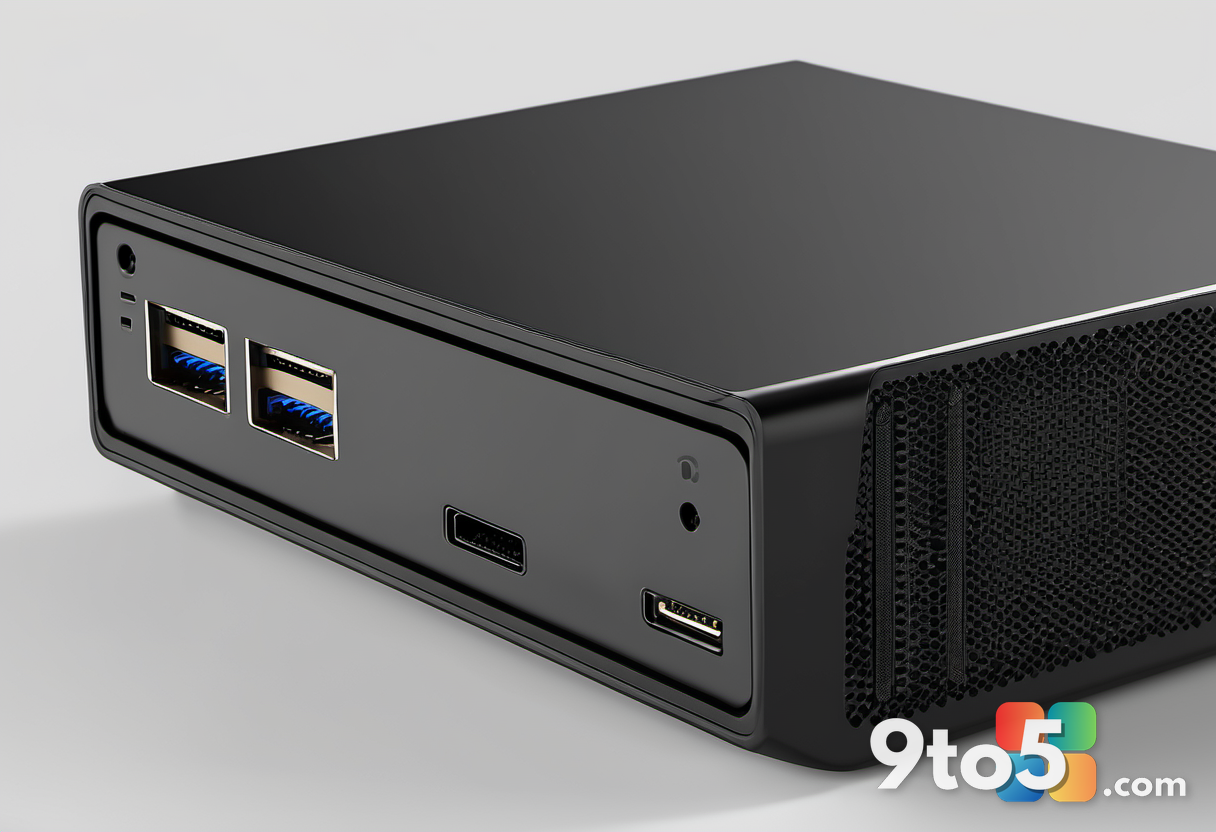 A close-up of the rear ports on a black mini PC, showing USB-C, HDMI, and ethernet connections, with shallow depth of fi