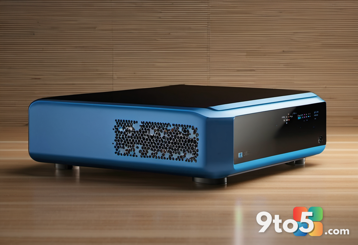 Close-up shot of a blue compact computer chassis with visible ports on the side, resting on a wooden desk surface. The l
