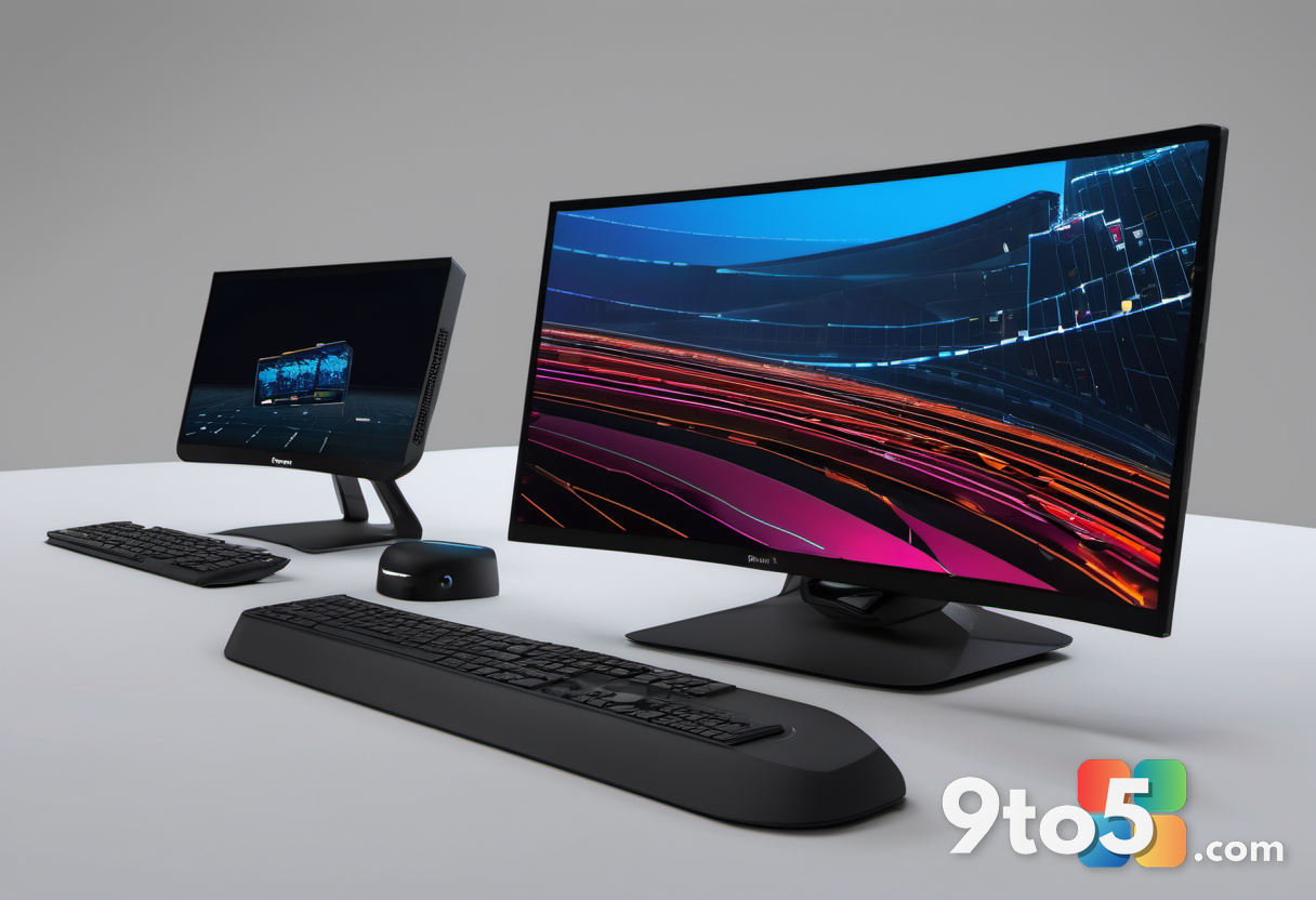 A black mini PC with a modern angular design sitting next to a dual-monitor setup. The screens display colorful data cha