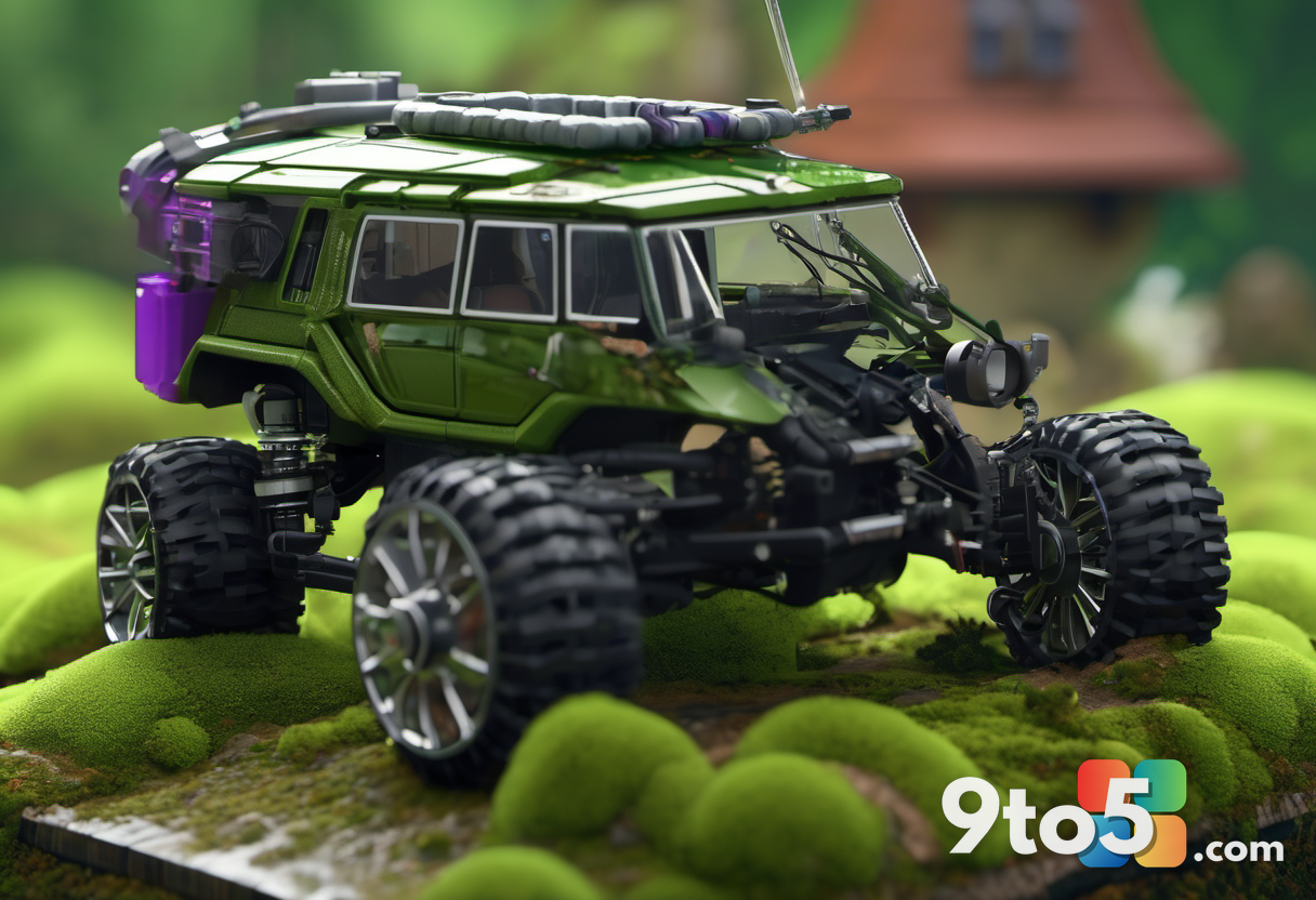 A close-up of a small, detailed mechanical buggy companion sitting on mossy ground next to a large dewdrop. The scene is