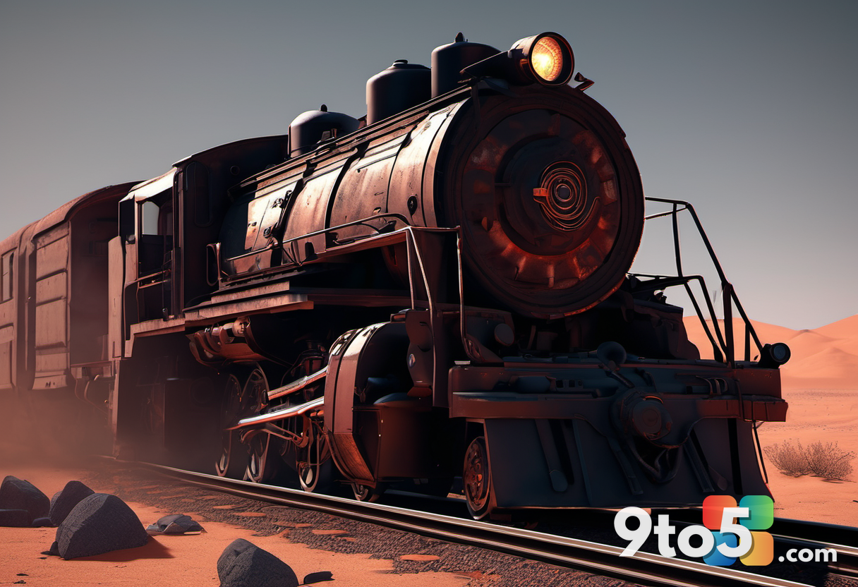 A menacing, rusted train engine with glowing red eyes approaches on tracks in a dark desert. A revolver is visible in th