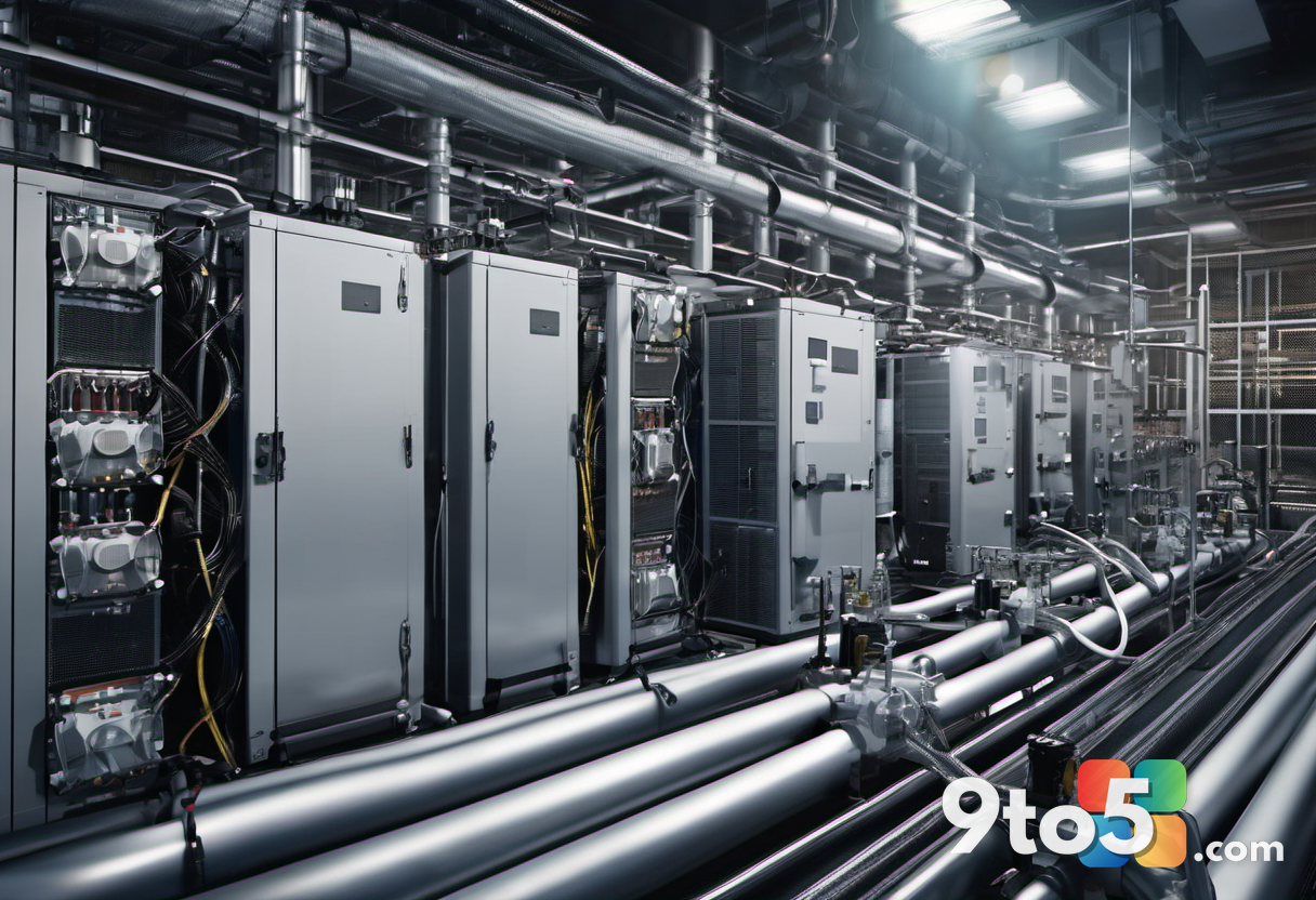 A close-up view of industrial cooling infrastructure with pipes and valves, set against a backdrop of server racks. The 
