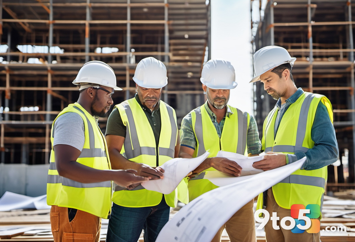A diverse group of construction workers in hard hats and safety vests reviewing blueprints on a sunny day. The backgroun