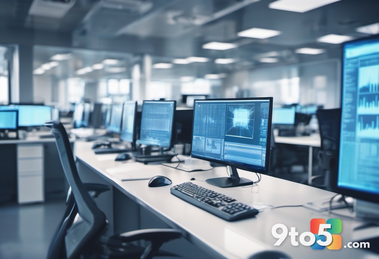 A blurred background of a busy open-plan office with a sharp focus on a single computer monitor showing a loading spinne