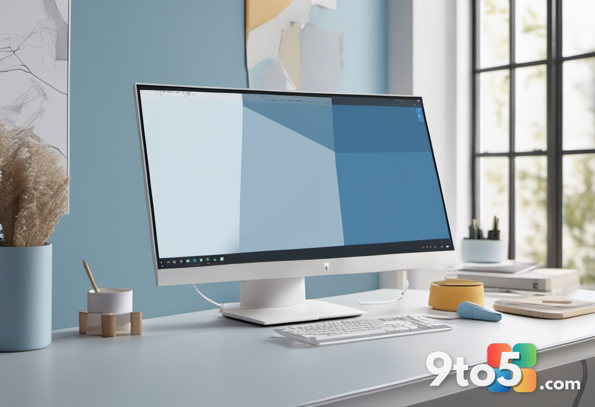 A clean, modern desktop monitor showing the updated Microsoft Paint app in Windows 11 with a sleek toolbar, soft blue an