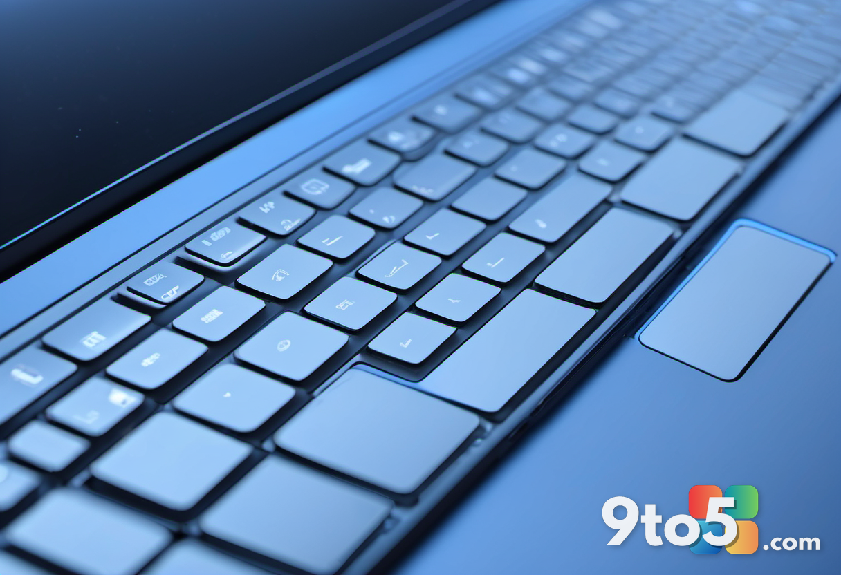 A close-up view of a modern laptop keyboard and screen edge, bathed in cool blue ambient light, suggesting efficient per