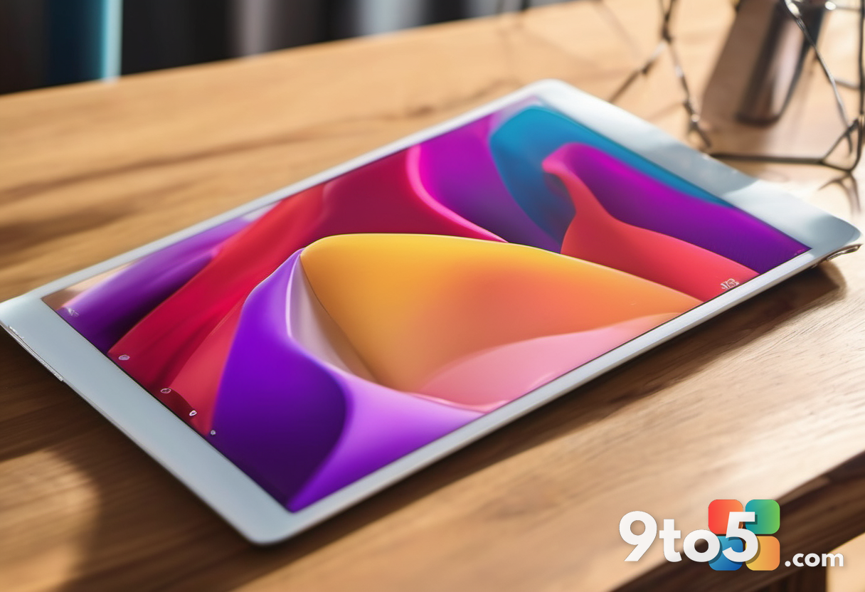 Close-up of a tablet device standing upright on a wooden desk, displaying a vibrant abstract wallpaper, soft natural lig