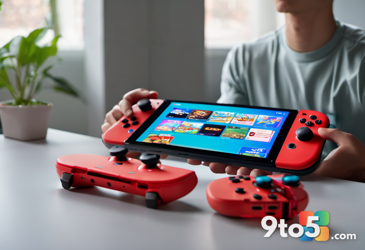 A close-up of a gamer holding a white Nintendo Switch 2 console, focusing on the screen displaying a vibrant game menu, 