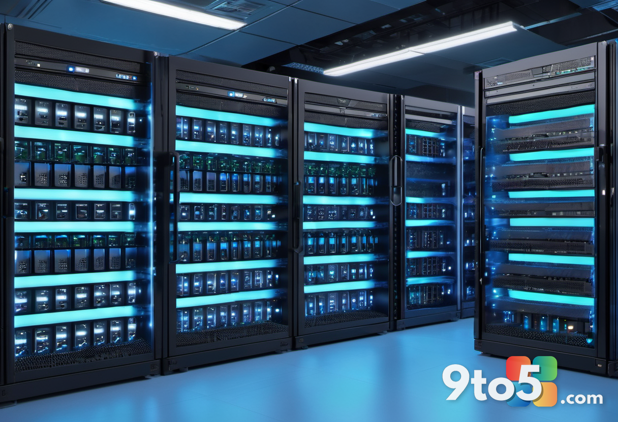 A modern server room filled with rows of black rack-mounted servers, illuminated by cool blue LED status lights, represe