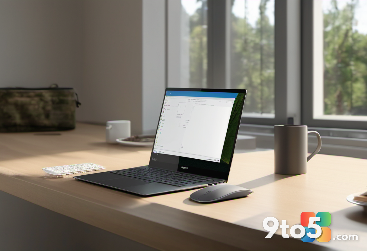 A minimalist desk setup featuring a thin silver Windows laptop closed on a wooden surface, next to a coffee cup and a no