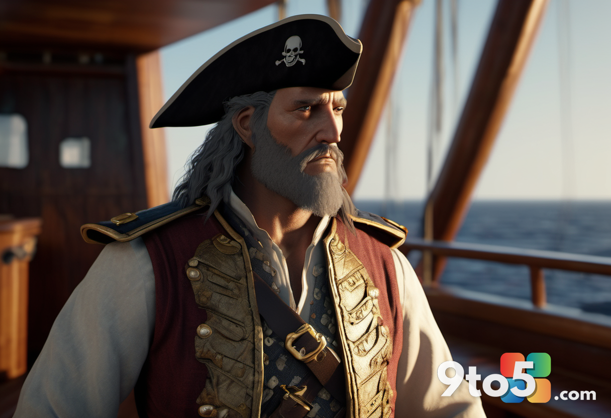 A cinematic close-up of a weathered pirate captain standing on the deck of a ship, looking out toward the horizon with d