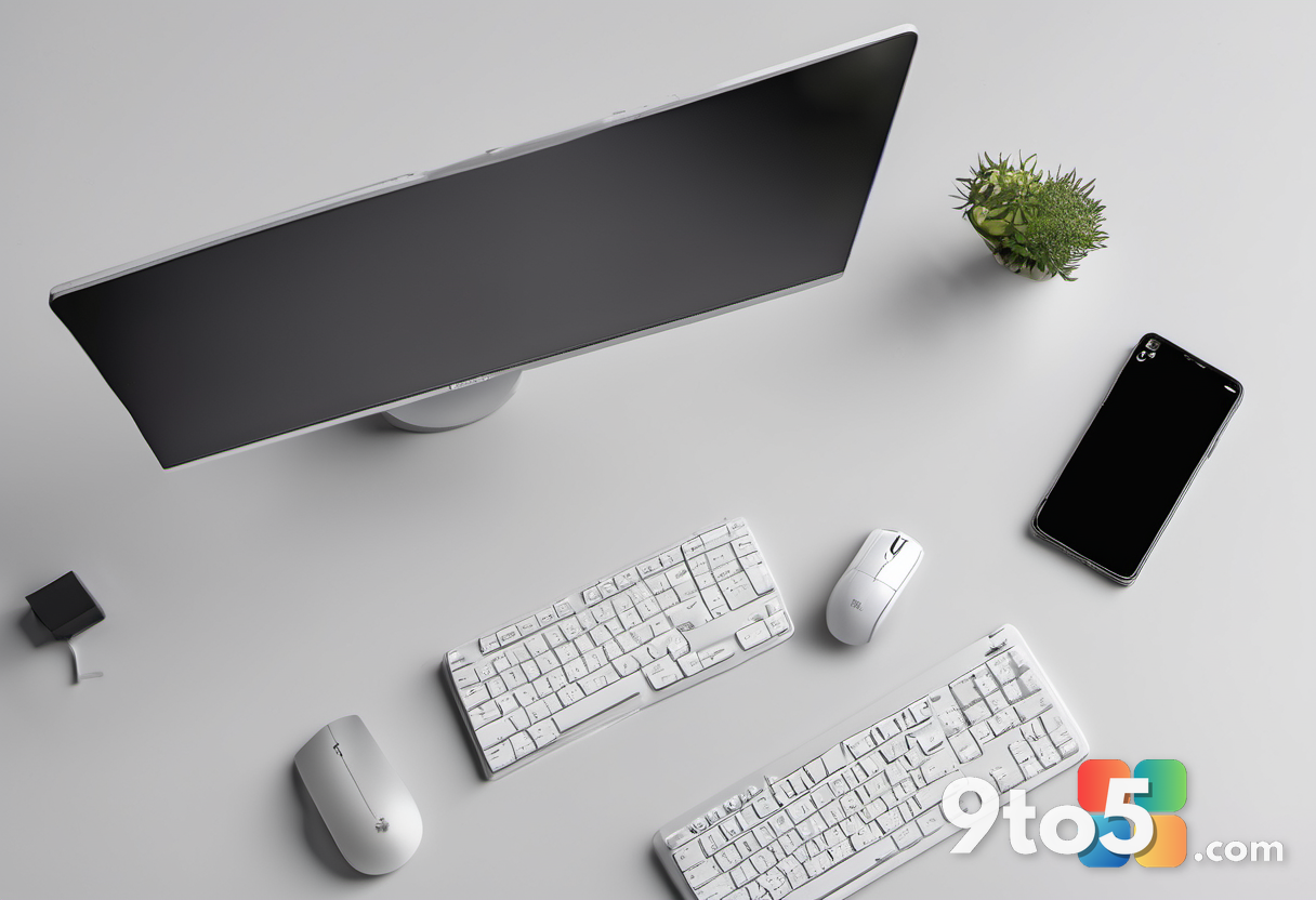 Overhead shot of a minimalist desk setup with a small mechanical keyboard, mouse, and monitor, clean white background, s