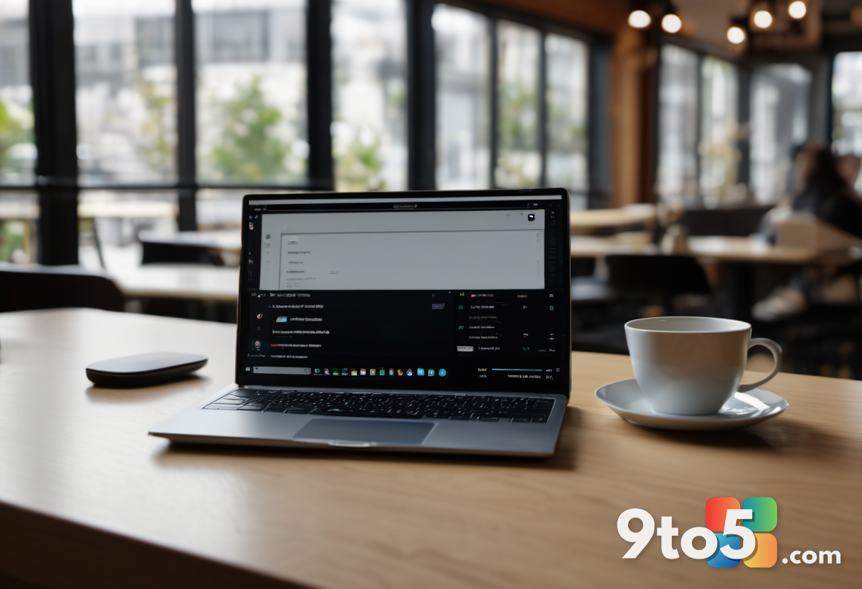 A person wearing small black earbuds while looking at a laptop screen in a modern coffee shop. Natural daylight illumina