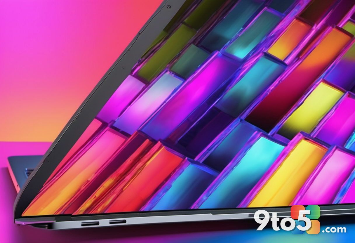 Close-up of a laptop screen displaying vibrant colors and sharp text, angled view showing thin bezels and premium alumin