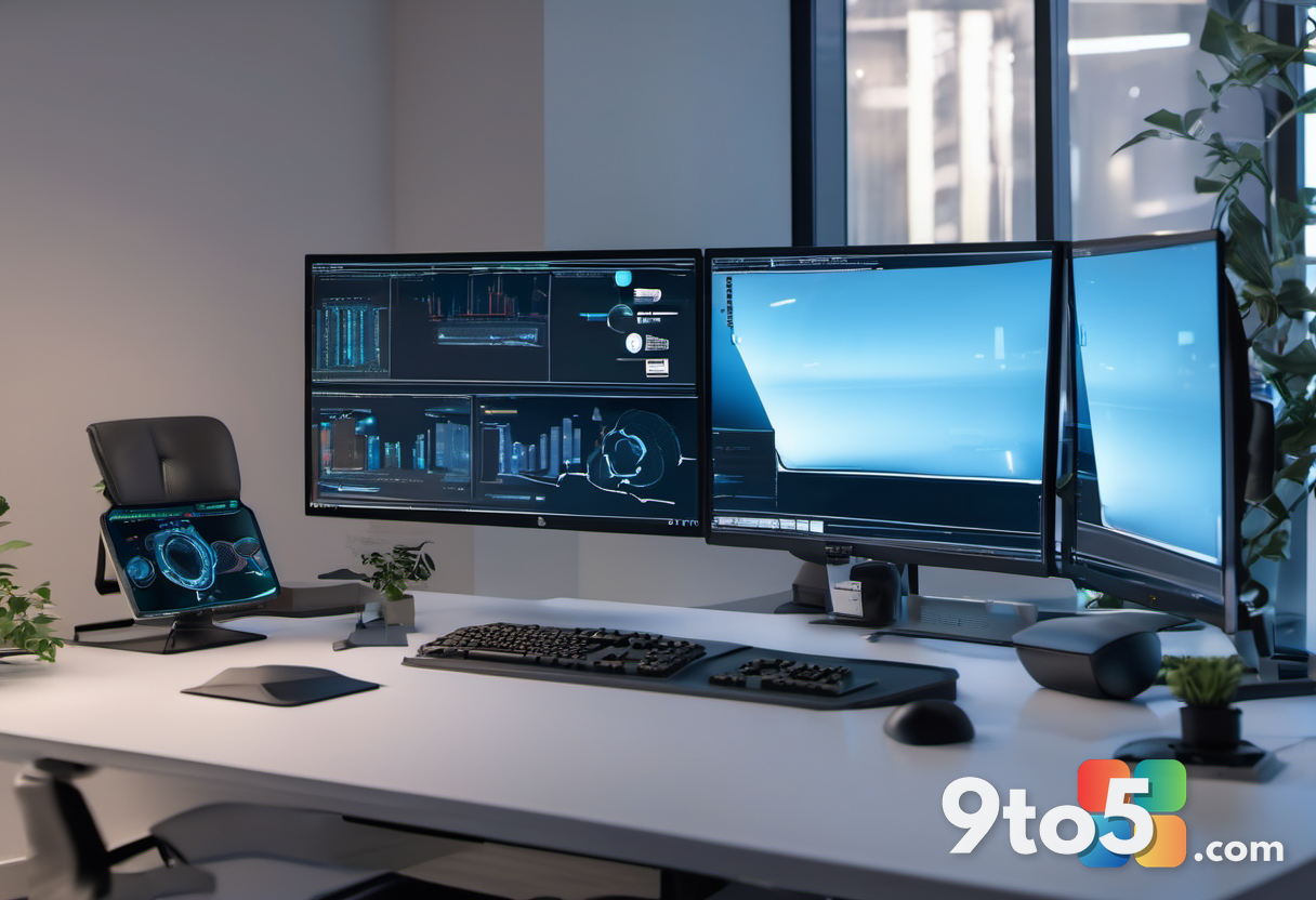 A modern, minimalist office space with multiple monitors displaying code and game assets. Soft blue ambient lighting. Fo