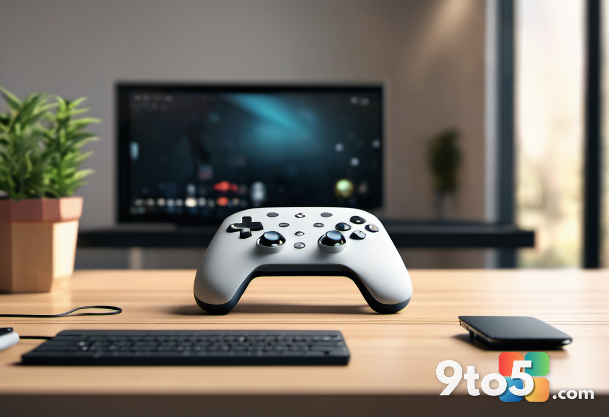 A sleek, modern handheld gaming device resting on a wooden desk, with a blurred background showing a vibrant game scene 