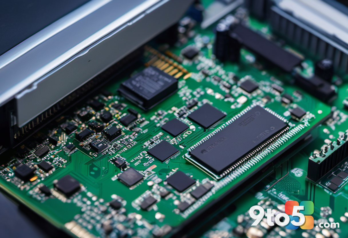 A close-up shot of computer RAM sticks and SSD storage drives on a workbench, with blurred circuit boards in the backgro