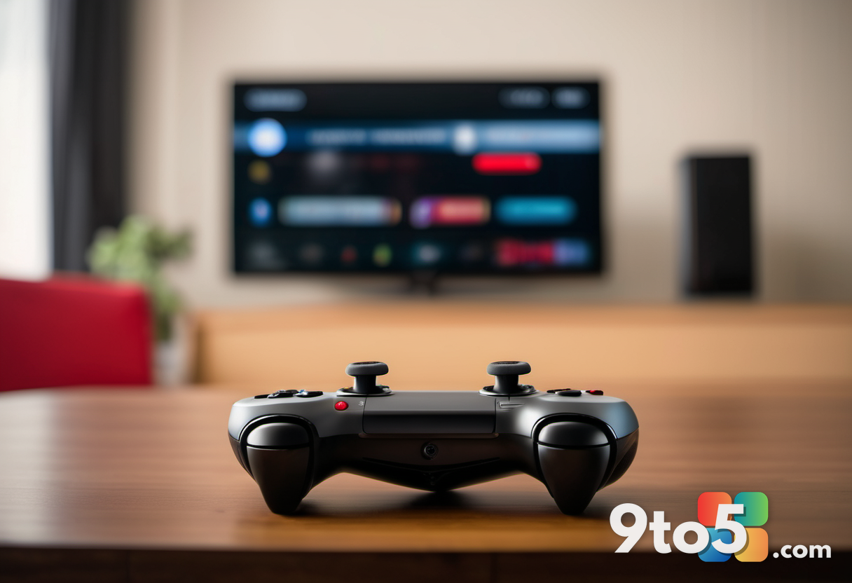 Close-up of a gaming controller with red fabric accents and a walnut wood texture panel. Soft focus background showing a