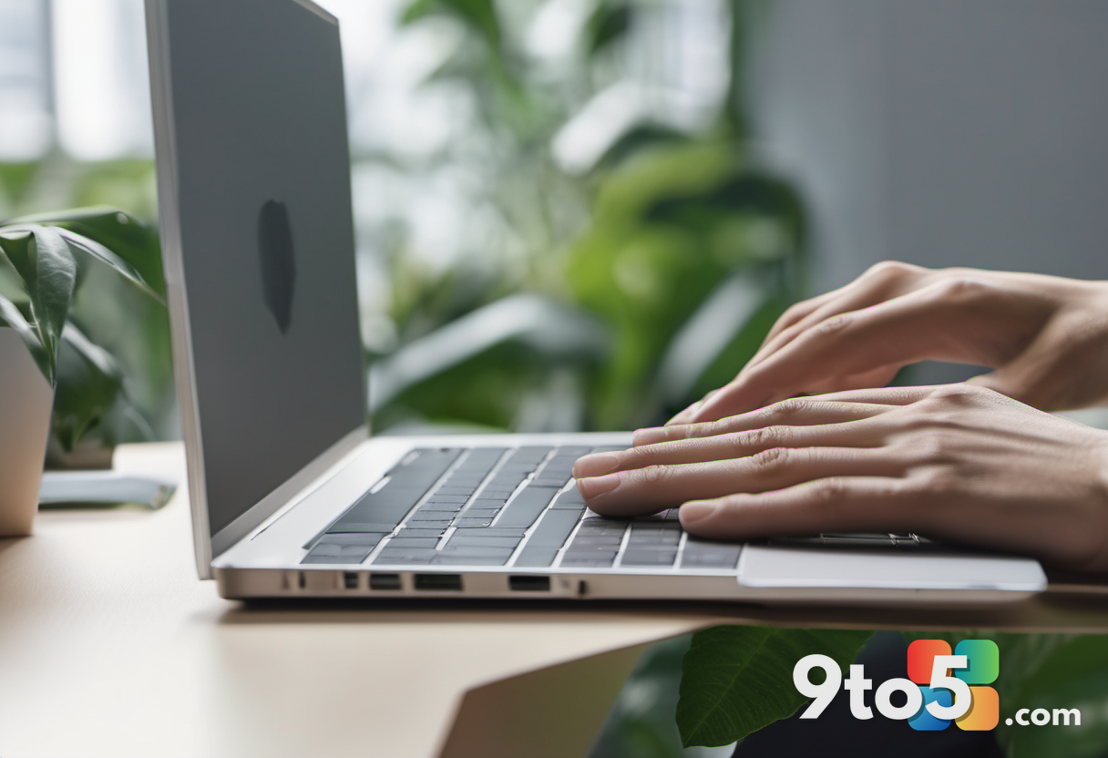A close-up of a hand hovering over a trackpad on a silver laptop, with a blurred background showing a modern office envi