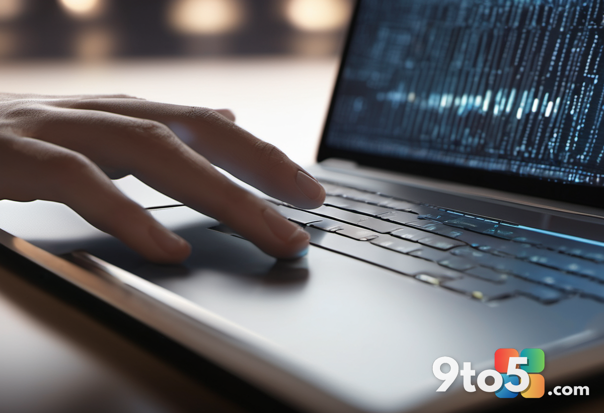 A close-up of a hand hovering over a sleek laptop trackpad, with a soft-focus background showing a blurred computer scre