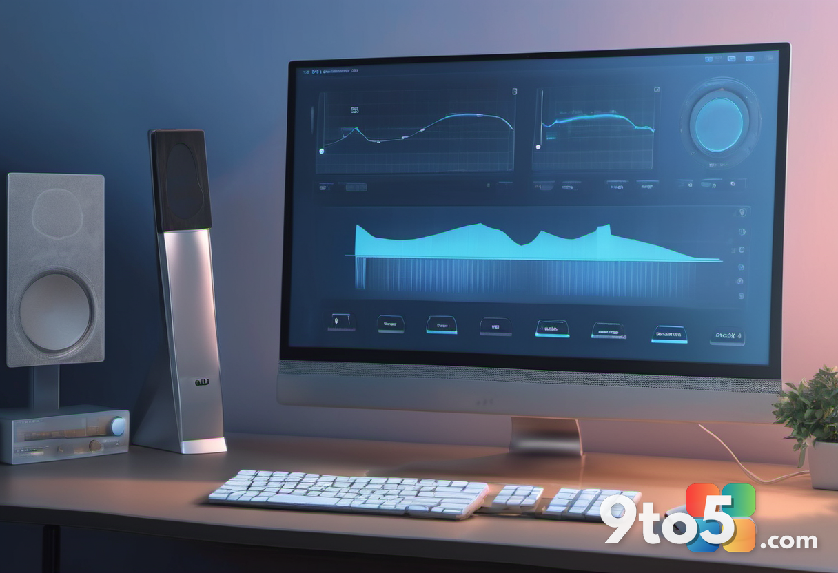A modern desktop monitor displaying a clean, minimalist audio settings menu with sliders and device icons, bathed in sof