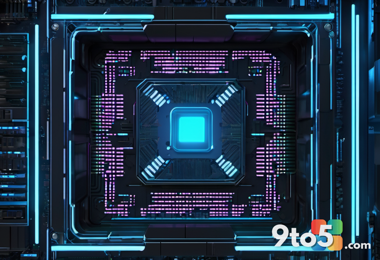 An abstract visualization of computer memory. Glowing blue data blocks flow smoothly into a central processor core, repr