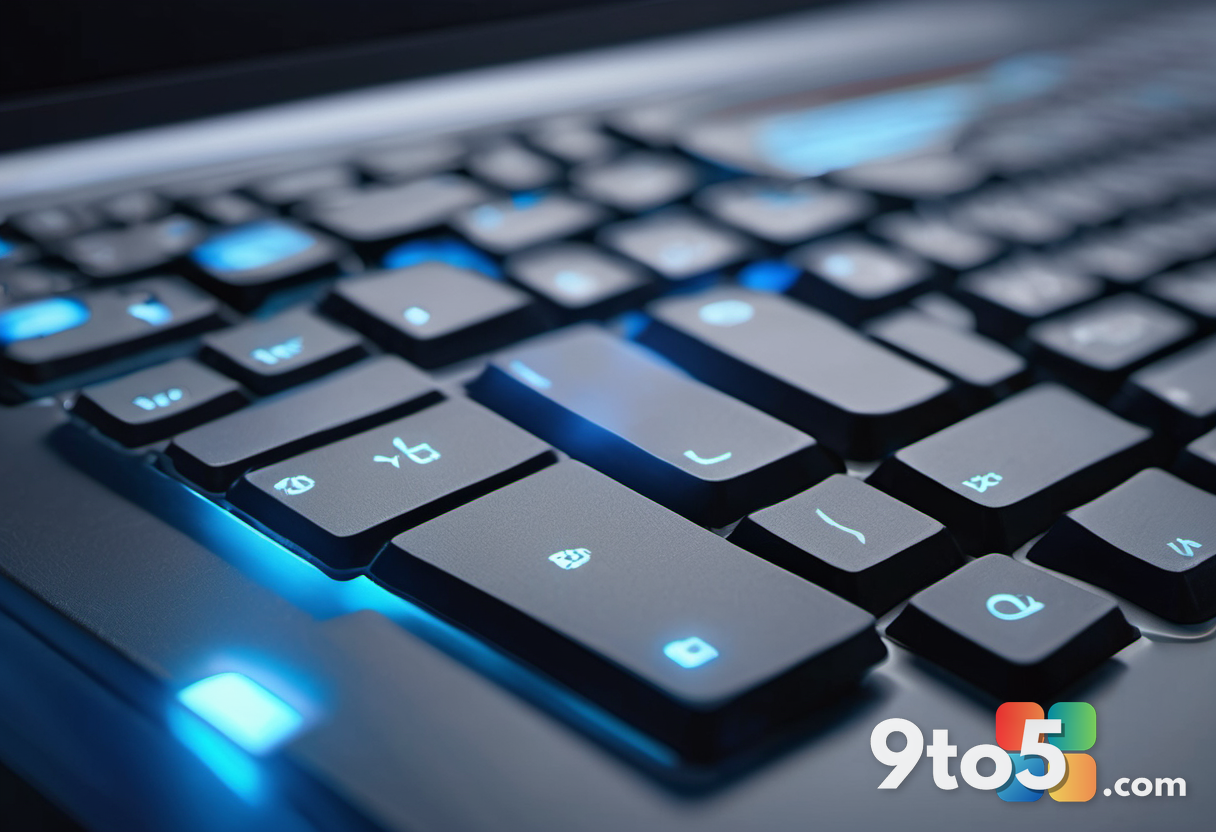 A close-up of a laptop keyboard with glowing blue keys, reflecting code on the screen above, representing software devel