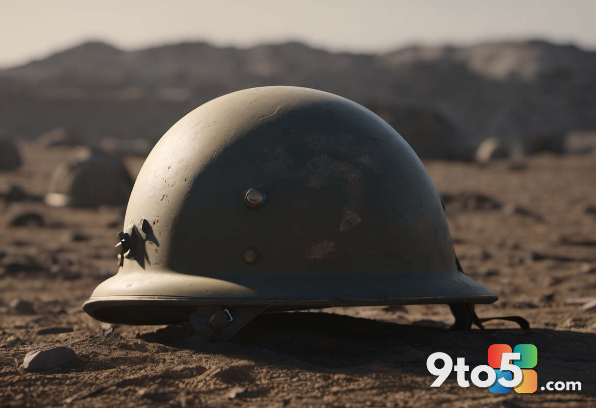 A close-up of a weathered military helmet resting on dusty ground next to a faded flag. The lighting is dim and cinemati