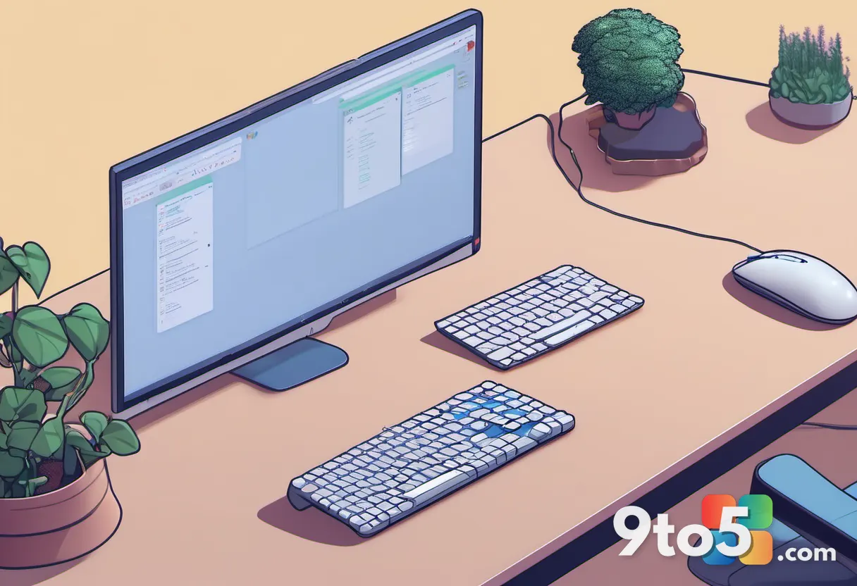 A close-up of a hand clicking a mouse on a desk, with a blurred computer screen showing a chat interface in the backgrou