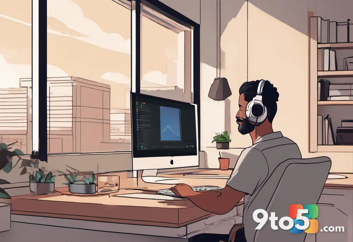 A professional remote worker sitting at a home office desk, wearing headphones and speaking calmly into a laptop microph