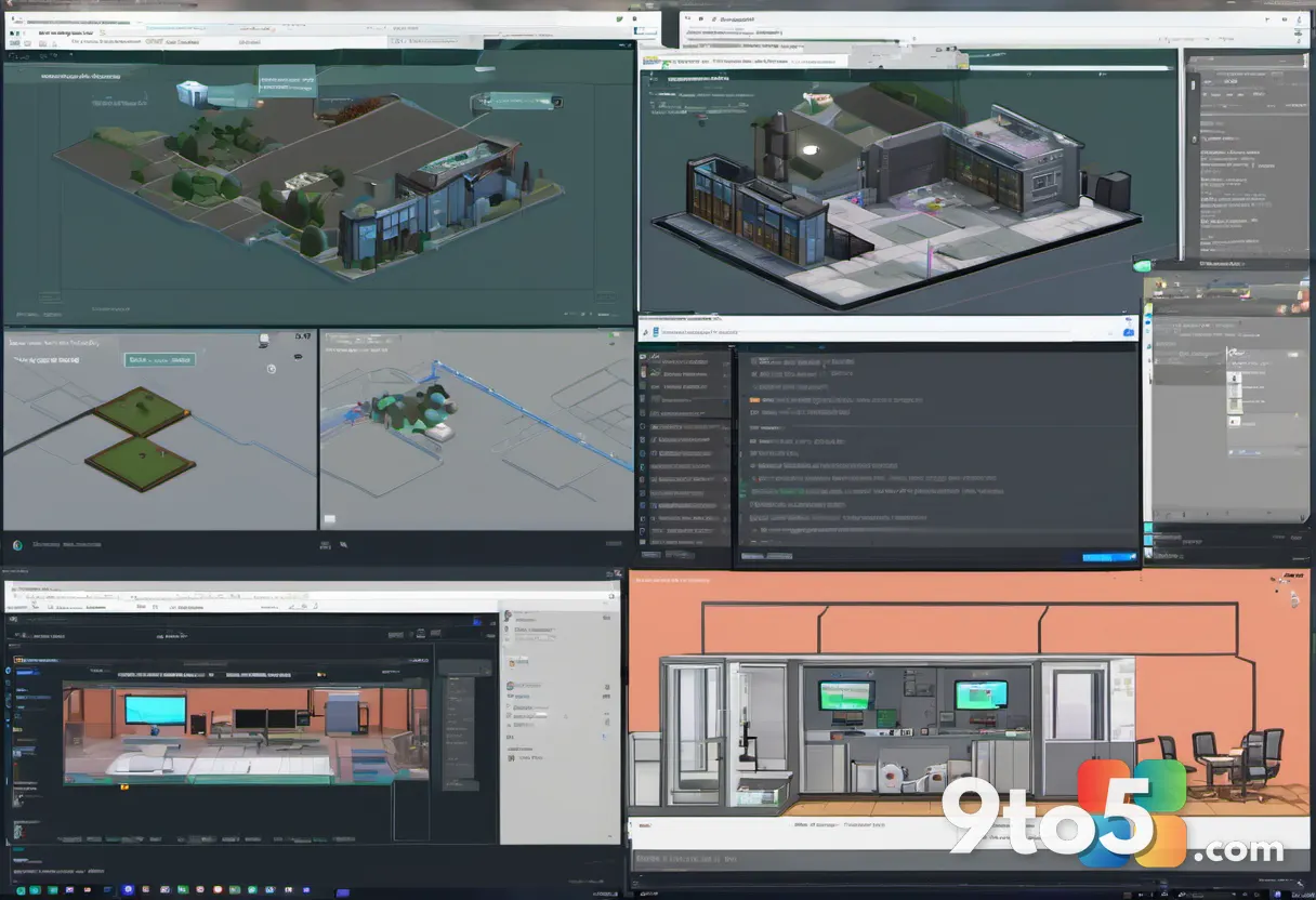 A split screen showing a bustling independent game studio on one side and a sterile corporate office on the other, symbo