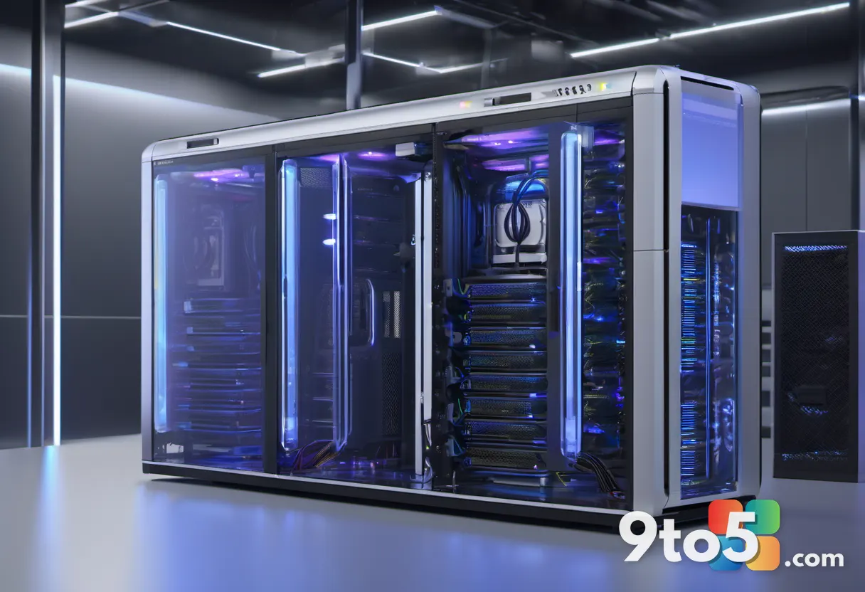 A liquid-cooled server rack with transparent tubing showing coolant flow, demonstrating advanced thermal management for 
