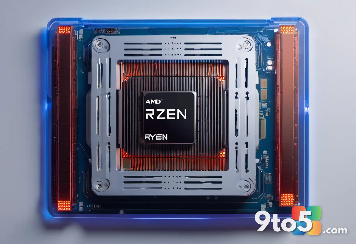 A close-up photograph of an AMD Ryzen processor sitting on a clean white anti-static bag, with a subtle blue and red amb