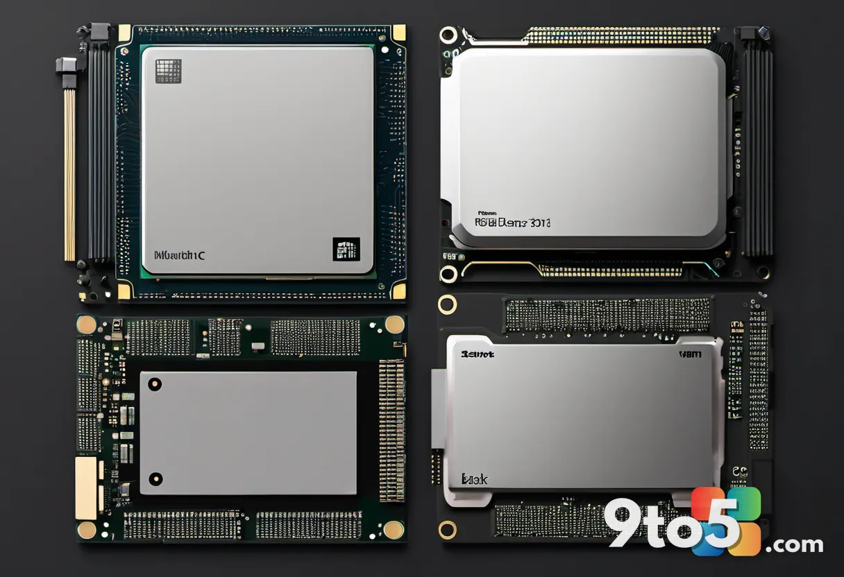 A side-by-side comparison of two identical-looking black square processors on a dark wooden desk, with a small price tag