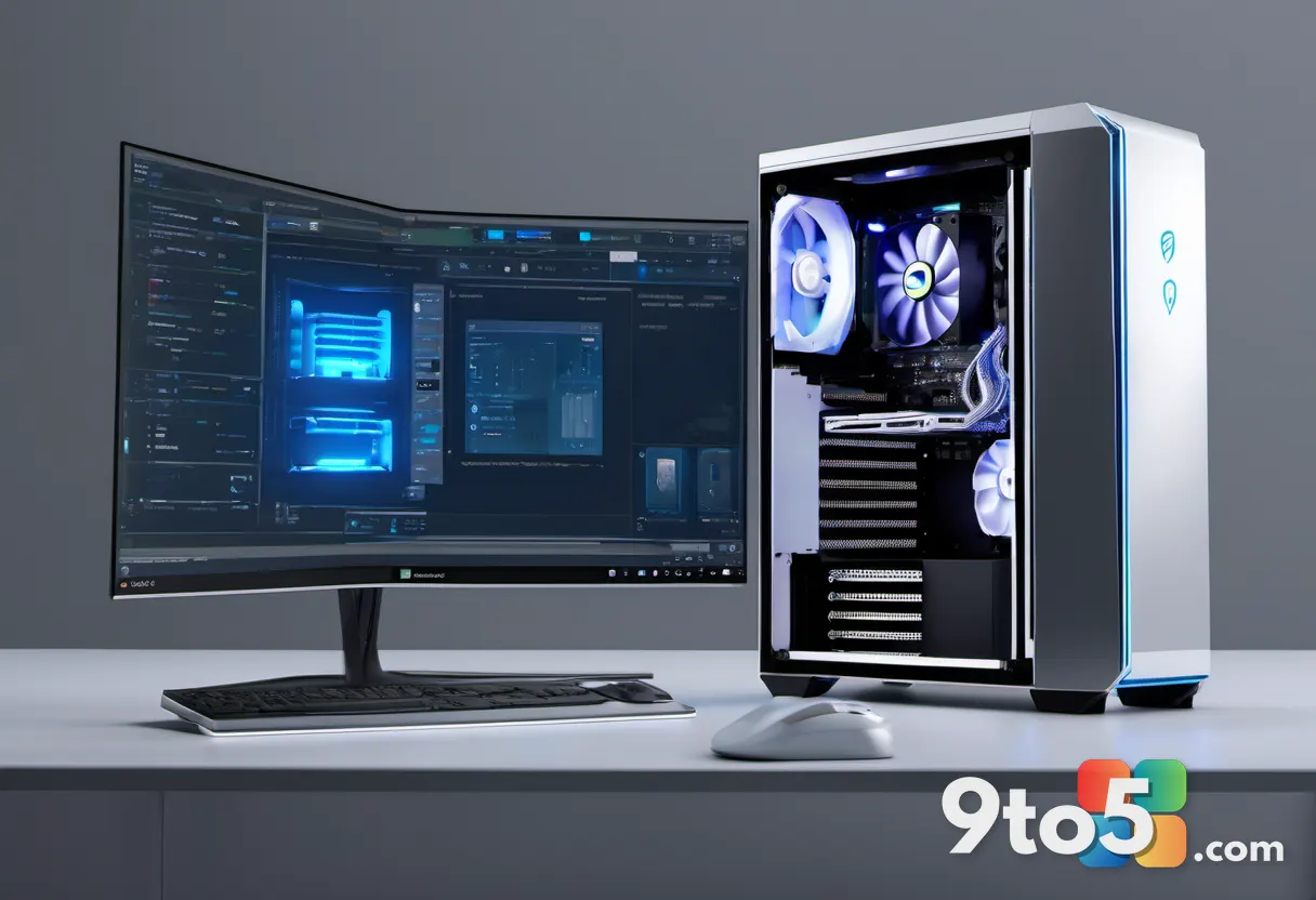 A neatly arranged desktop PC build with a transparent acrylic case, showcasing blue-lit RAM sticks and a large CPU coole