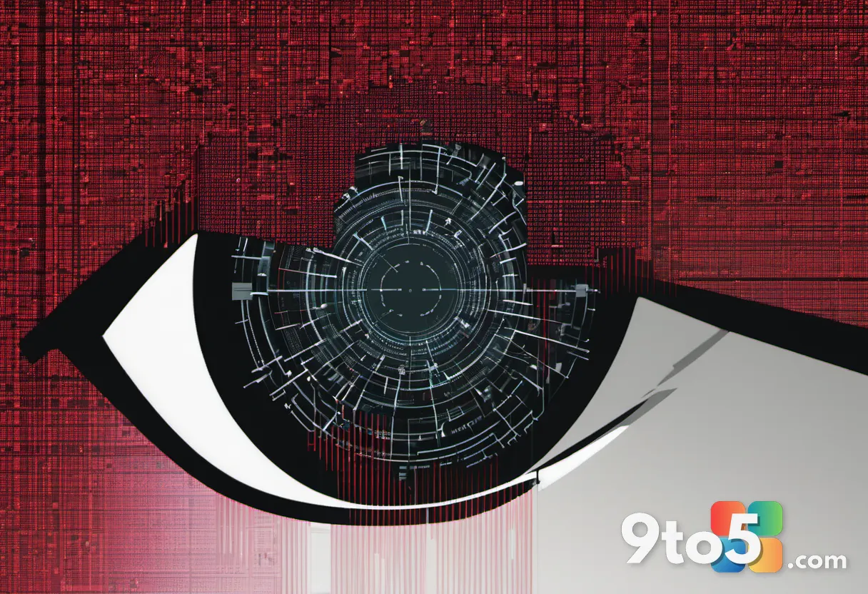 A close-up of a digital eye looking through a magnifying glass at lines of code, with red warning symbols subtly appeari