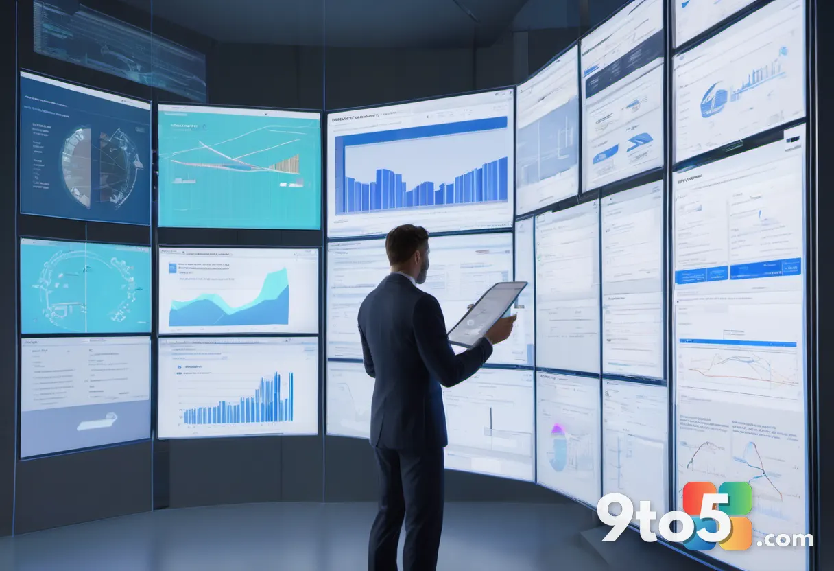 A business professional holding a contract document while looking at a holographic display showing complex data graphs a