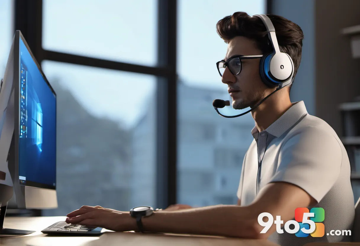 A person wearing the headset while working at a home office desk, focused expression, blurred background.