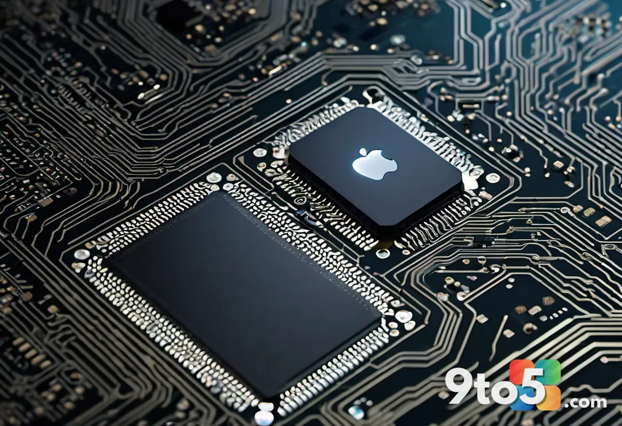 A close-up of an Apple M-series chip with glowing circuit patterns, symbolizing advanced silicon capabilities for local 