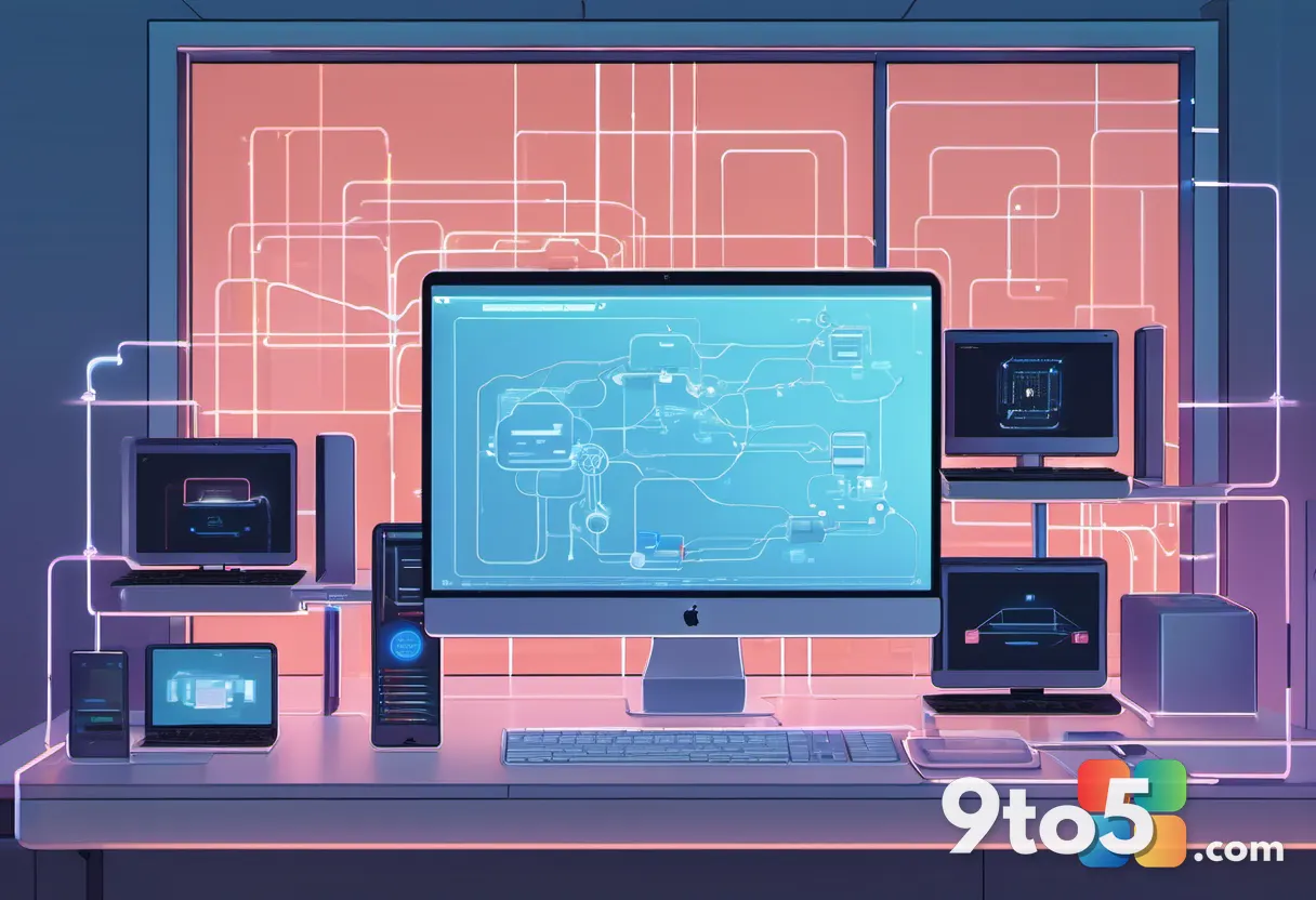 A conceptual illustration of a secure data network with Mac devices connected via glowing lines, representing private on