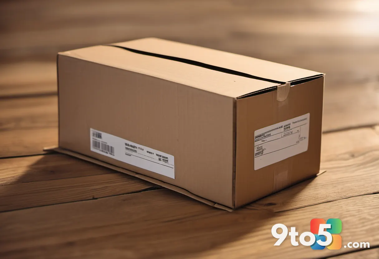 A close-up of a cardboard shipping box with a tracking label on a wooden floor, soft focus background, suggesting recent