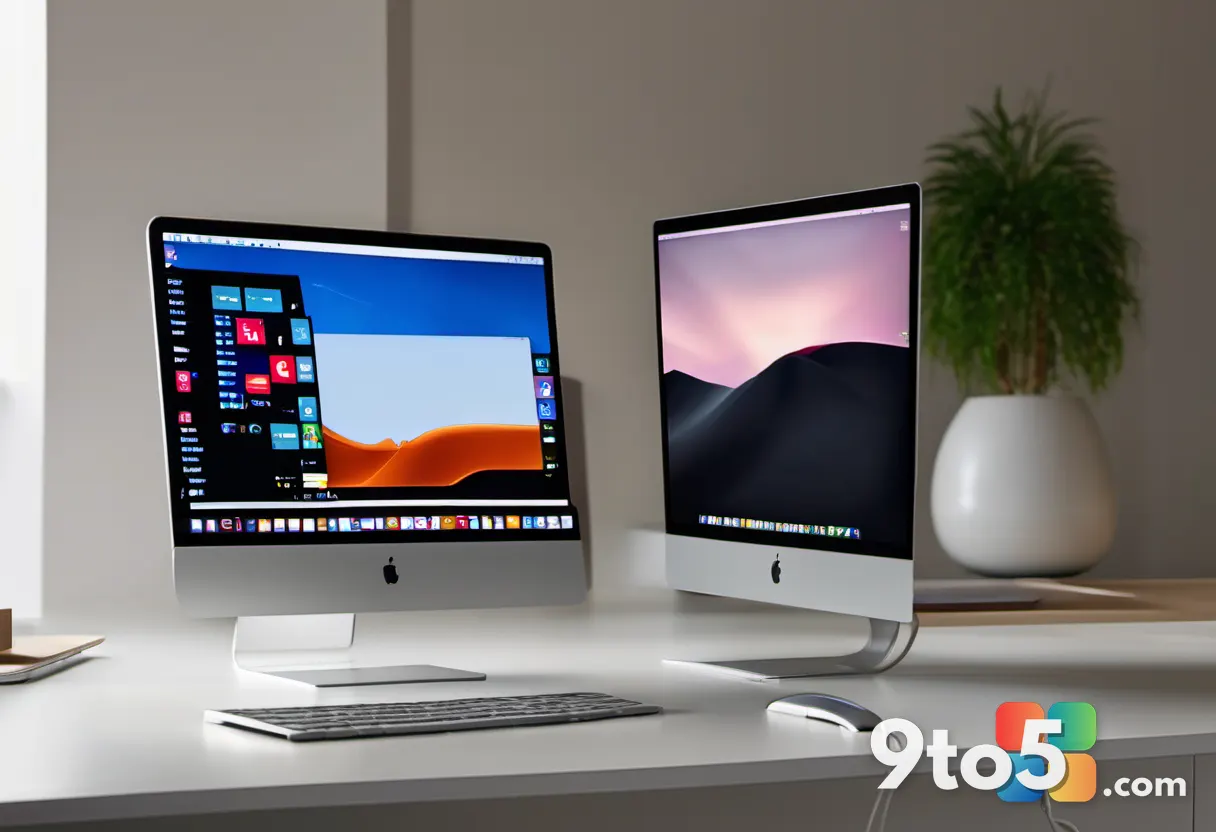 A close-up of a MacBook Neo and iPhone 17 side by side on a minimalist desk, bathed in soft natural light, emphasizing t