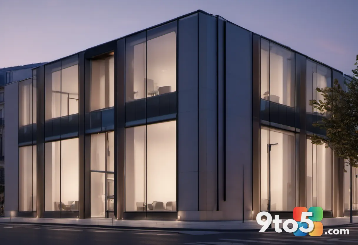 A modern office building exterior in Paris during twilight, with subtle architectural details suggesting a creative work