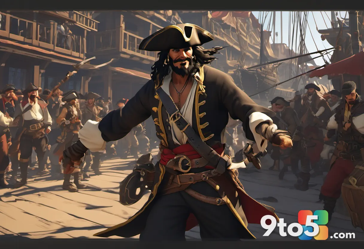 A close-up action shot of a pirate character swinging a cutlass in a crowded dockside street, with dynamic motion blur a